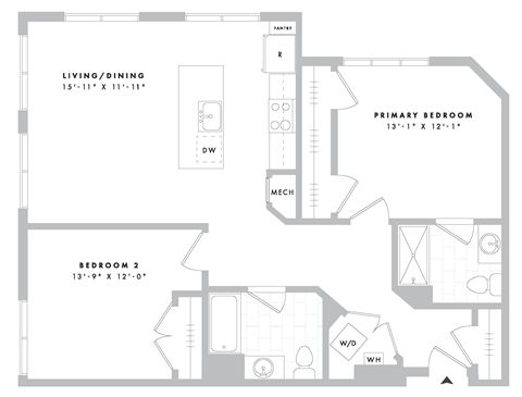 Floor plan for 2 beds, 2 baths, 1061 sqft